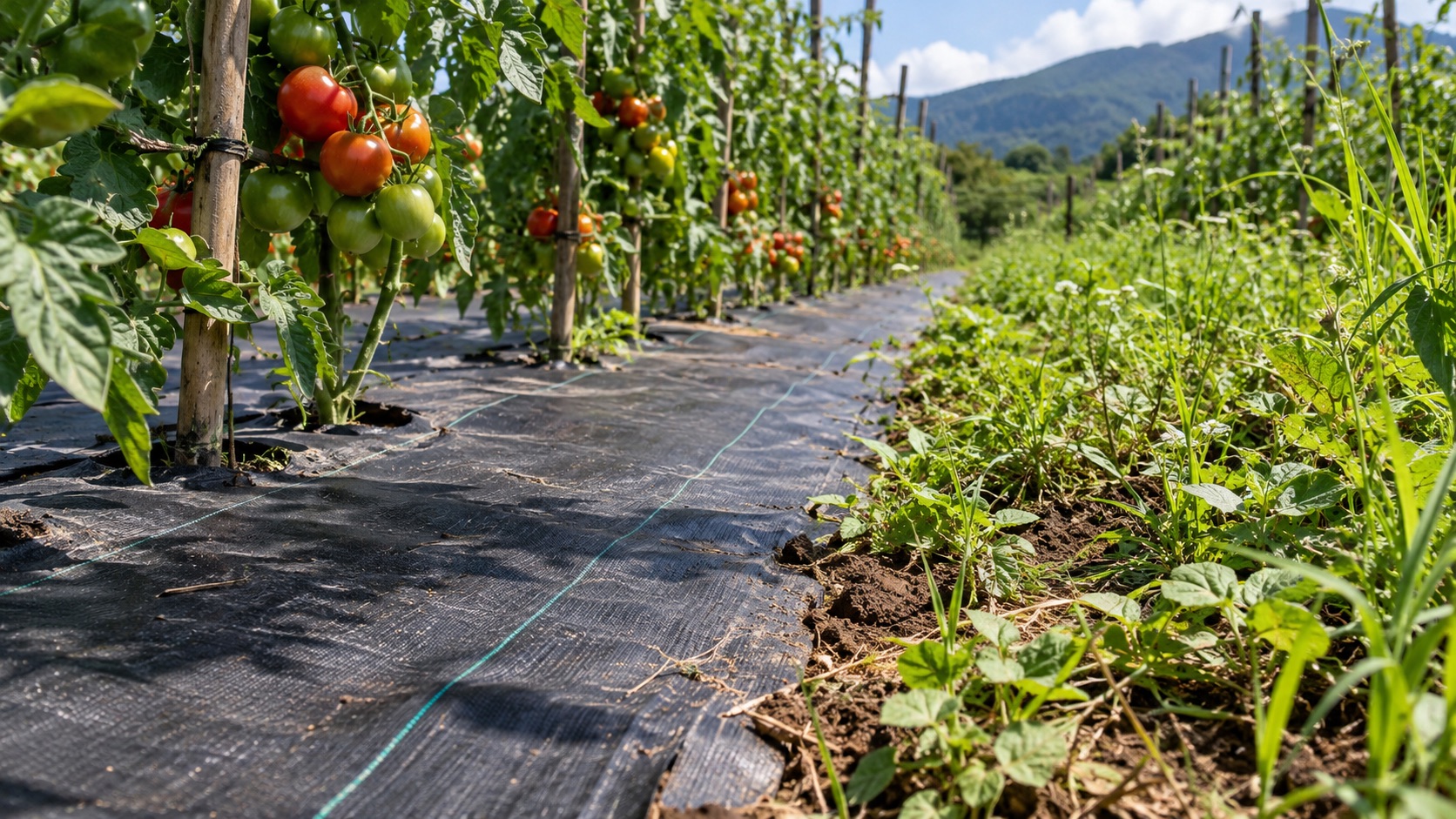 Geotextil negro para control de maleza entre surcos de tomate