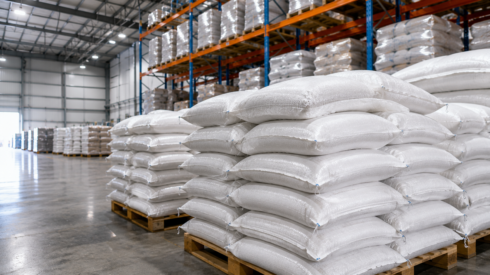 Sacos de polipropileno apilados en bodega agrícola